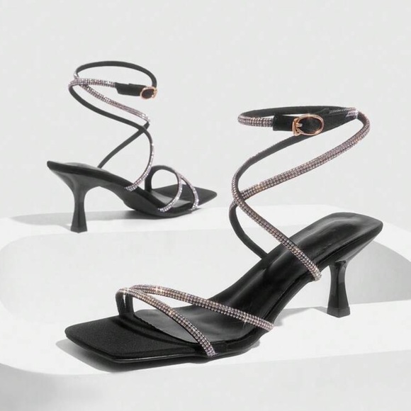 Rhinestone Black Strappy Heels (2.6inch Heel) - Picture 4 of 8